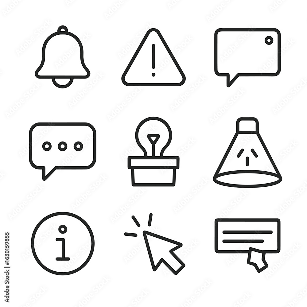 Poster hint notification icons. outline icon set of hint notifications: notification bell, alert triangle, 