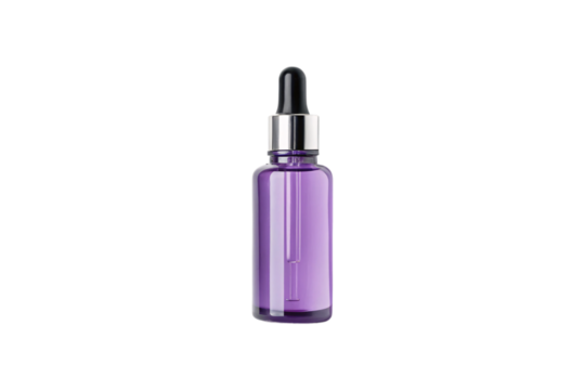 Purple glass dropper bottle with black rubber bulb and chrome collar in professional cosmetic packaging, isolated on a transparent background