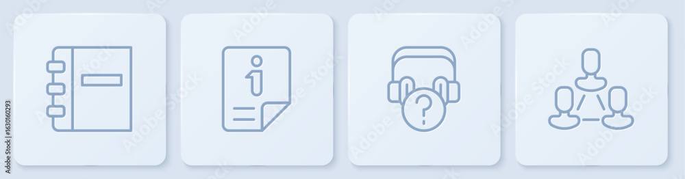 Poster set line notebook, headphones with question, information and employee hierarchy. white square button