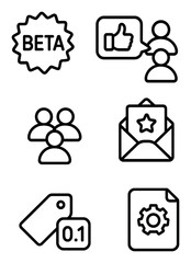 Early Adopter Icons. Outline icon set of early adopter phase: beta badge, early feedback, test group,