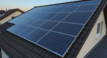 Fototapeta premium Solar panels installed on a roof generating clean renewable solar energy under a blue sky