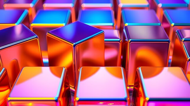 A mesmerizing digital background featuring a grid of shiny, metallic cubes illuminated with vibrant, iridescent colors in pink, orange, and blue