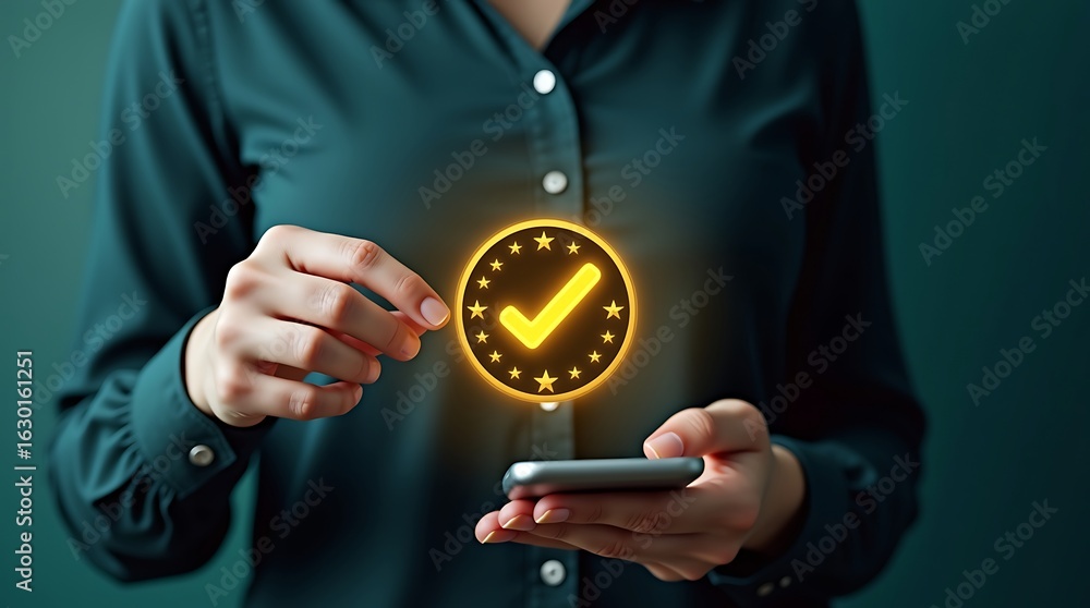 Poster man with smartphone and badge of quality