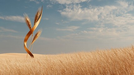 Golden Wheat Sculpture Against Blue Sky and Calm Landscape