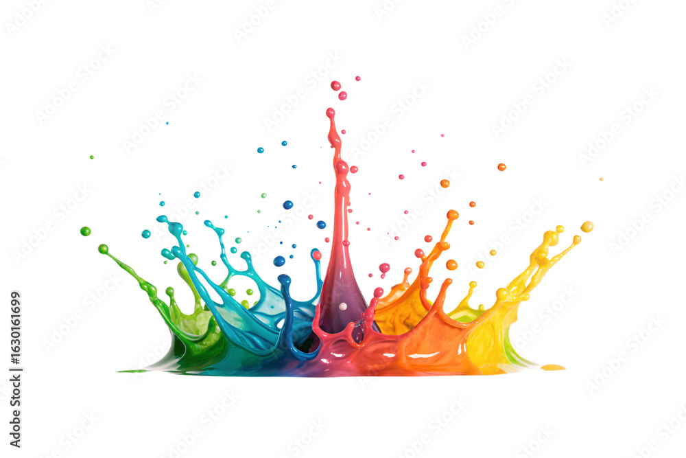 Poster colorful paint splash with rainbow droplets creating dynamic crown-like formation with vibrant liqui
