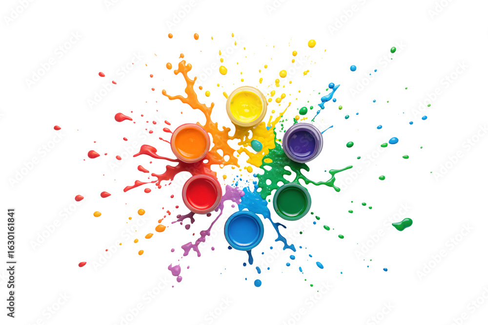Poster colorful paint containers with vibrant splashes creating artistic explosion of rainbow colors across