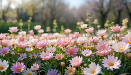 Obraz premium A vibrant field of blooming pink tulips creates a stunning display of nature's beauty in the spring garden