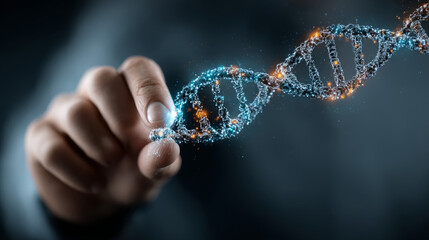 Doctor reviewing a floating DNA strand with interactive genetic markers