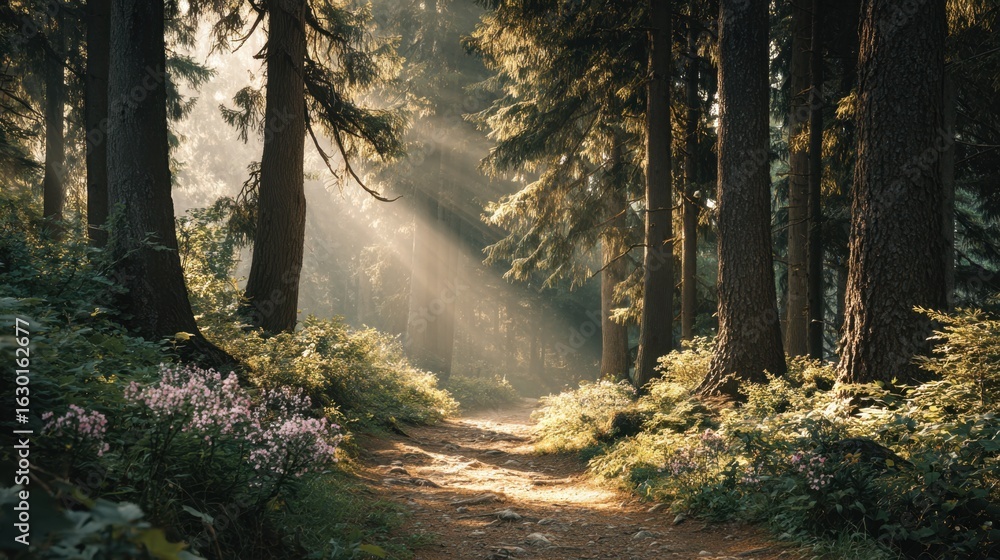 Poster sunlight rays filter through trees in lush green forest path