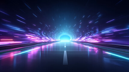Glitchy futuristic tunnel made of data particles and neon light trails