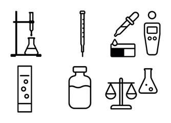 Analytical Chemistry Icons. Outline icon set of analytical chemistry: titration setup, burette, indicator