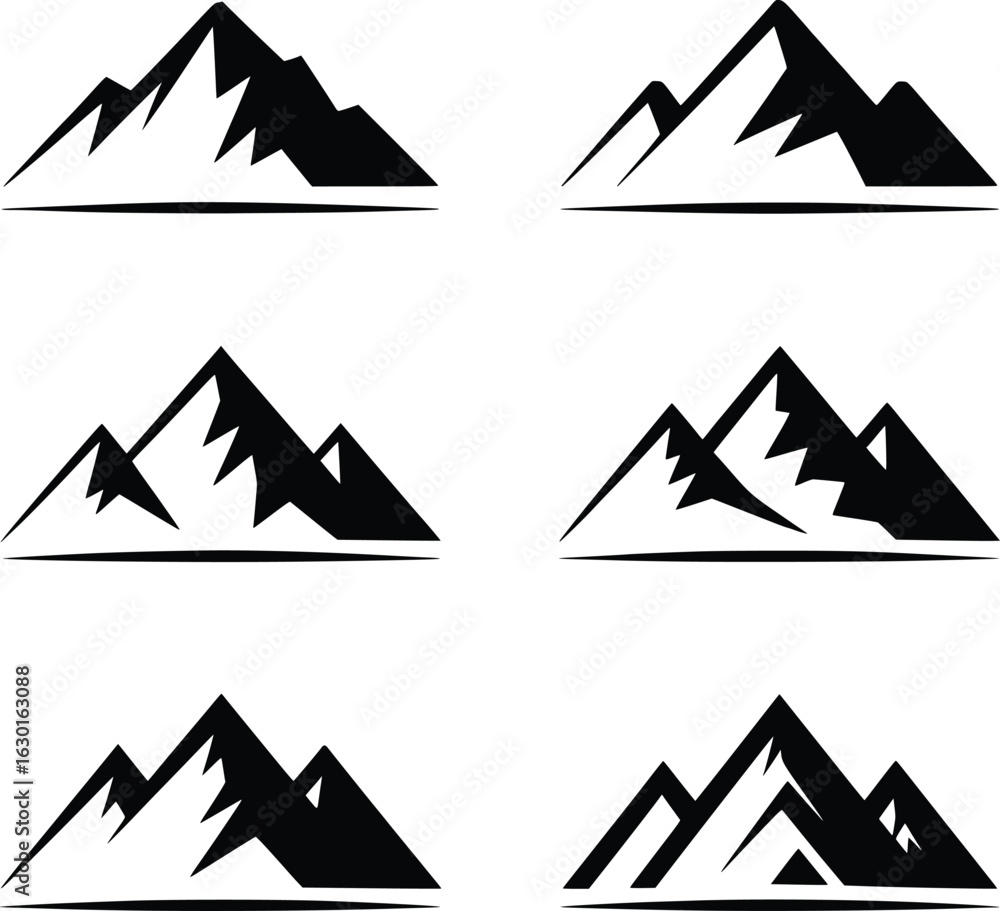 Poster a collection of mountain silhouette graphics and black and white illustrations displaying various mo