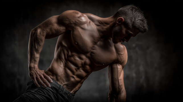 Muscular man posing with confidence in dramatic lighting, concept of Body acceptance  