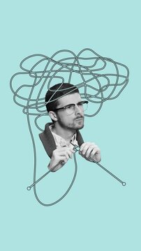 Animated ad. Thread of thought. Man knits yarn into brain above, showing how thinking forms slowly and mindfully. Concept of education, mindfulness, creative thinking