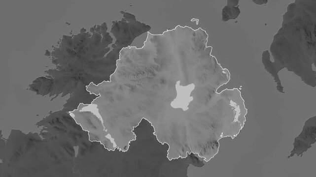 Northern Ireland - Great Britain on the map. Zoom and highlight of the area on a grayscale map