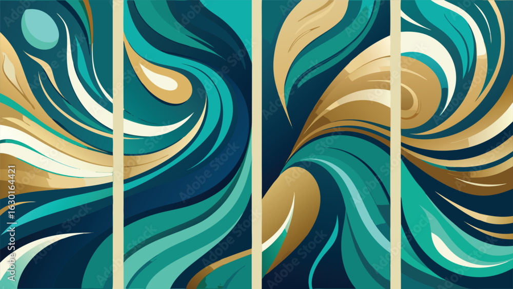 Poster three vertical banners featuring elegant blue and gold swirls, creating a dynamic and visually appea
