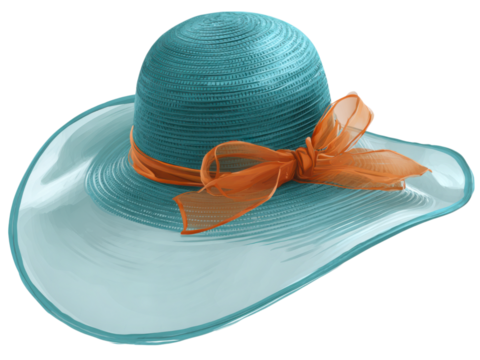 Teal woven sunhat with orange ribbon and wide brim fashion accessory, Isolated, Png Transparent Background