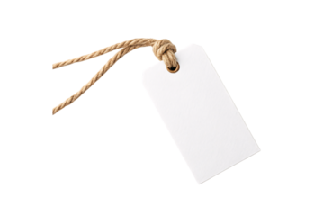 Clean white triangular hang tag with natural twine string for product branding and identification, isolated on a transparent background