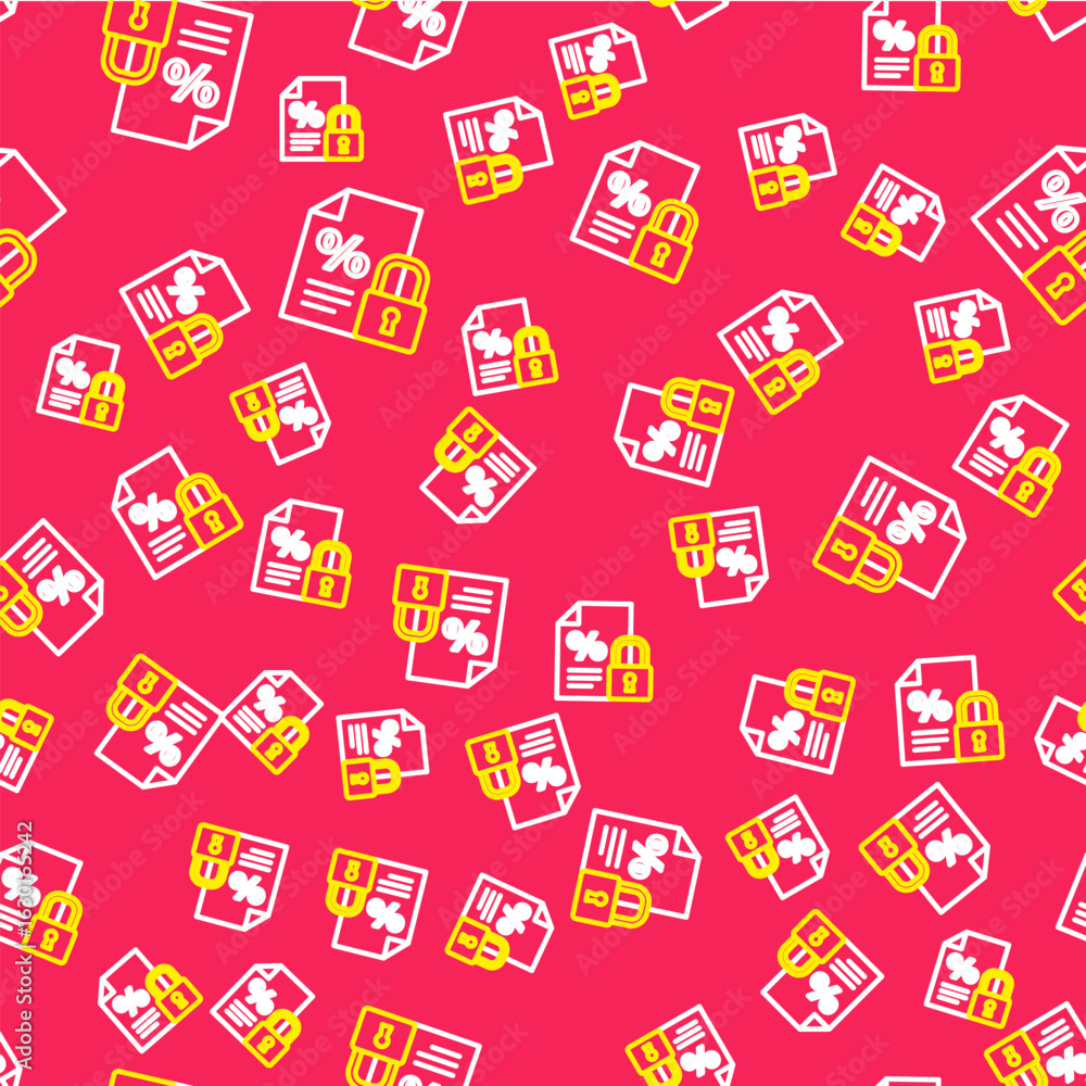 Poster line finance document and lock icon isolated seamless pattern on red background. paper bank document