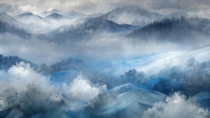 Fototapeta premium A misty watercolor painting of a mountain range shrouded in fog with a serene and peaceful atmosphere