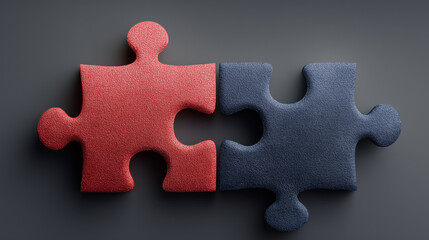 Obraz premium Two colored puzzle pieces fit together perfectly—symbolizing strong alignment, effective teamwork, and harmonious cooperation between two committed partners.