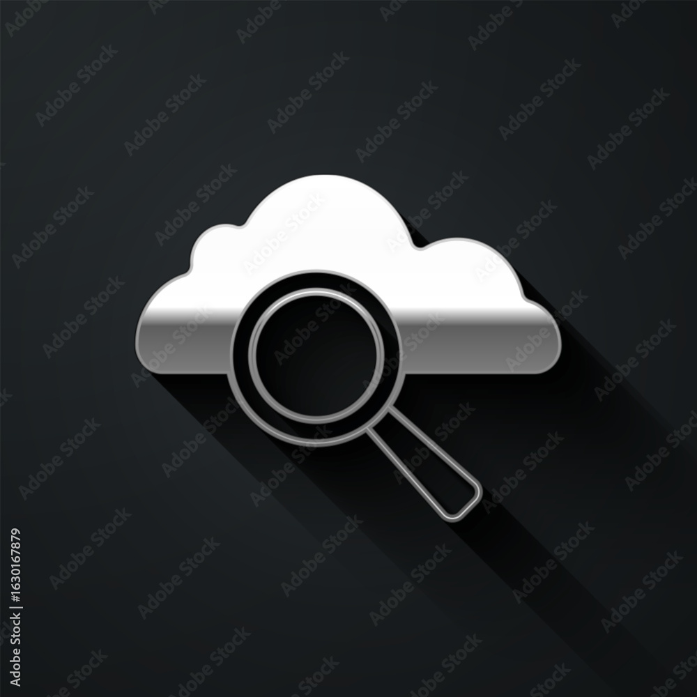 Poster silver search cloud computing icon isolated on black background. magnifying glass and cloud. long sh