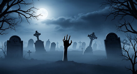 Eerie full moon over misty graveyard with zombie hand emerging from the ground on a somber night