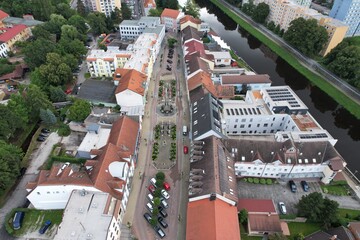 Strakonice old town and historical center with tower in aerial view Bohemia Czech republic