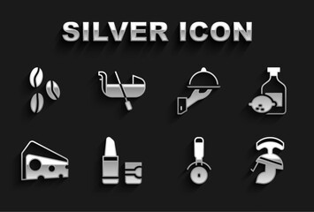Set Lipstick, Limoncello bottle, Roman army helmet, Pizza knife, Cheese, Covered with tray of food, Coffee beans and Gondola icon. Vector