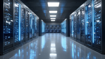Data center operations high-tech infrastructure server room digital environment futuristic viewpoint