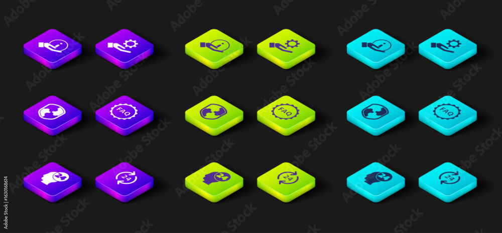 Poster set support operator in touch, telephone 24 hours support, shield, label with text faq, settings the