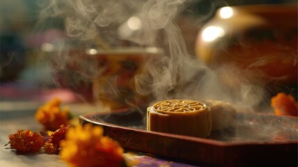 Steaming floral mooncake on lacquered tray with chrysanthemum petals, soft golden light for warm Mid-Autumn National Day still life