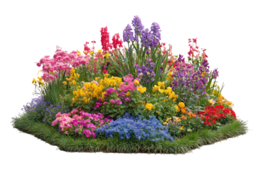 Vibrant flower bed with a variety of colorful blooms.  A mix of tulips, hyacinths, and other flowering plants creates a colorful, rounded display