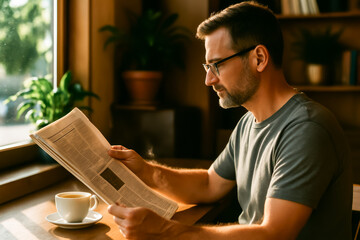 Man reading newspaper with coffee in cozy café setting