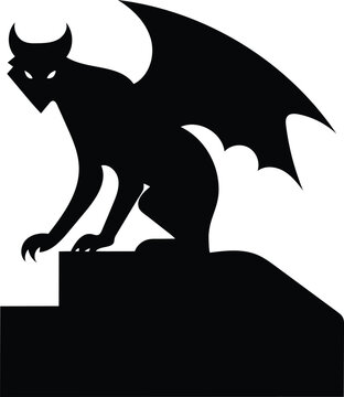 Gargoyle silhouette perched on stone isolated on white background