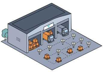 Illustration depicts a warehouse with truck sensors tracking pallet locations. Modern, clean design showcases logistics and inventory management. Ideal for business and technology visuals.