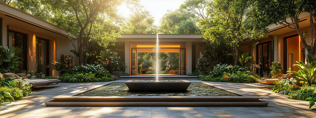 Serene courtyard with fountain surrounded by lush greenery and warm lighting