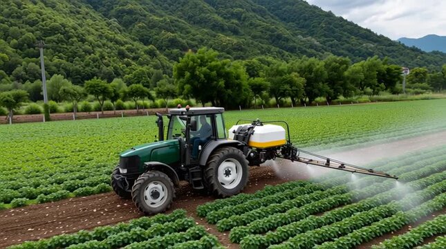 A tractor is spraying fertilizer across rows of healthy crops under a clear sky surrounded by mountains