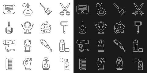 Set line Spray can for hairspray, Shaving gel foam, razor, Mop, Round makeup mirror, Dustpan, Electrical clipper and Bar of soap with icon. Vector