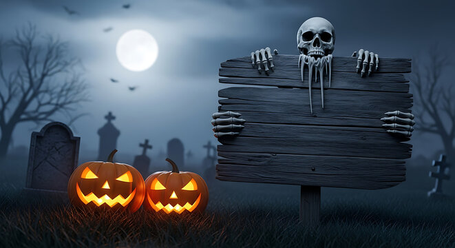 Spooky halloween night with glowing pumpkins and ominous skeleton board scene