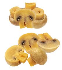 canned mushrooms, sliced, on transparent background.