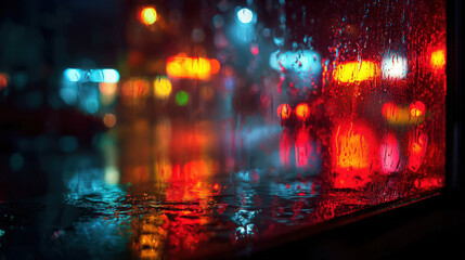 Obraz premium Rainy night reflections urban cityscape photography vibrant colors close-up view mood and atmosphere