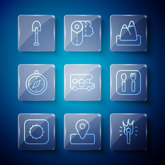 Set line Sun, Location for camping, Torch flame, Mountains, RV motorhome vehicle, Compass, Shovel and Fork and spoon icon. Vector