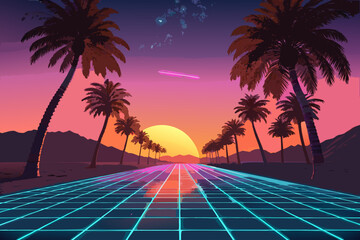 Naklejka premium Fascinating Retro Neon Grid Landscape with Sunset and Pal Expert Photography Craft Bold Striking Visual Impact Ideal for Product Marketing Materials Professional Portfolio Quality Asset Creative Asset