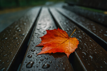 Single vibrant orange leaf on wet wooden bench surface