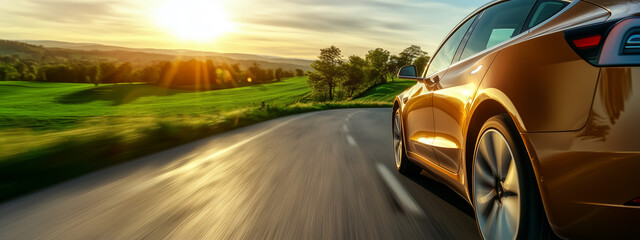 Sunset view of an electric car driving through scenic landscape