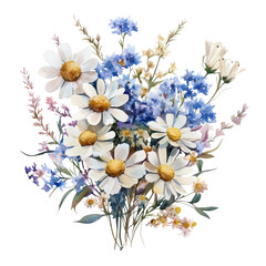A set of blue floral watercolor illustrations scattered on a clean white surface on transparent png background. Ai generated