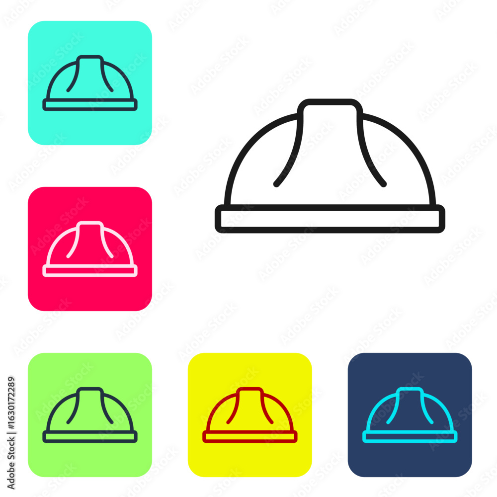 Poster black line worker safety helmet icon isolated on white background. set icons in color square buttons