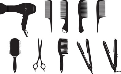 Assortment of Black Silhouette Hair Styling and Grooming Appliances hairdryer comb