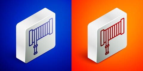 Isometric line Fire hose reel icon isolated on blue and orange background. Silver square button. Vector